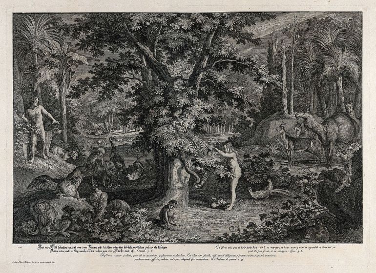 Eve_picks_the_apple_from_the_tree_as_the_serpent_emerges._Et_Wellcome_V0034430